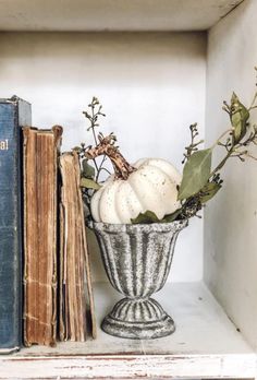 an old book and some white pumpkins in a vase on a shelf next to two books