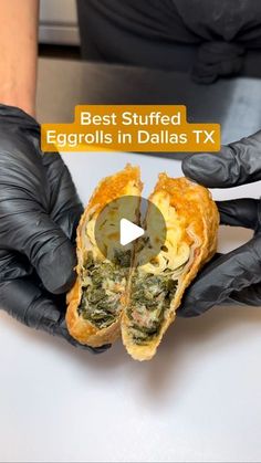 a person in black gloves is holding an egg and spinach pastry with the words best stuffed eggs in dallas tx