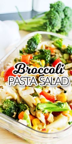 broccoli pasta salad in a plastic container on a wooden table with the title above it