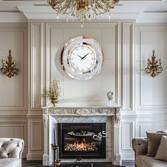 a living room filled with furniture and a large clock on the wall above a fire place