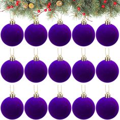 twelve purple christmas balls hanging from a tree