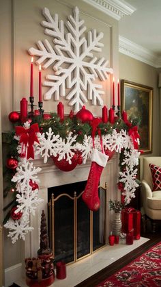 a fireplace decorated for christmas with red and white decorations