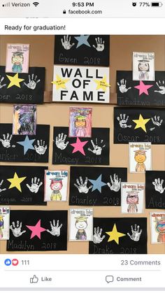 a bulletin board with handprints and pictures on it that read, ready for graduation