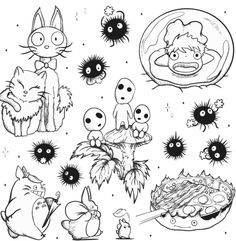 an image of some cartoon characters and their stuff in black and white ink on paper