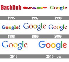 the evolution of google's logo in three different colors, from beginning to end