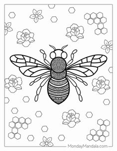 a black and white drawing of a bee with honeycombs in the foreground