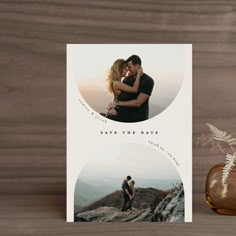 a couple embracing on top of a mountain with the words save the date printed on it