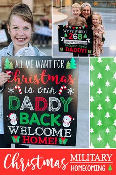 a collage of photos with christmas signs and holiday greetings on them, including a child holding a sign that says all we want for christmas is our daddy welcome home