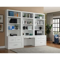 a white bookcase with two drawers and a computer desk in front of the bookshelf