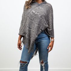 Introducing the Lyssa Scallop Knit Lace Poncho - the perfect addition to your wardrobe! This beautiful scallop knit lace poncho design will keep you warm and stylish. Versatile enough to dress up or down, you'll love the unique touch this poncho brings to any outfit. Gray Knit Poncho For Fall, One Size Knit Poncho, One Size Cable Knit Poncho, Cable Knit Poncho One Size, Casual Winter Open Knit Poncho, Winter Open Knit Poncho, Oversized Open Knit Poncho For Fall, Open Knit Poncho, Lace Poncho