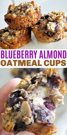 blueberry almond oatmeal muffins are stacked on top of each other