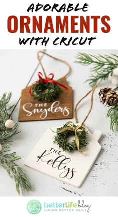 an ornament hanging from a christmas tree with the words, adorable ornaments with cricut