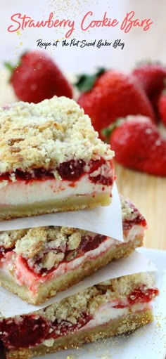 strawberry cookie bars stacked on top of each other