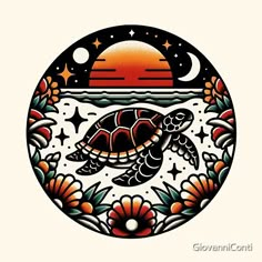 a turtle is swimming in the ocean with flowers and stars on it's back