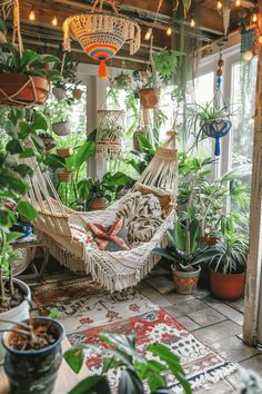 a hammock hanging from the ceiling in a room filled with potted plants