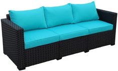 an outdoor sofa with blue cushions and pillows on it's back end, against a white background