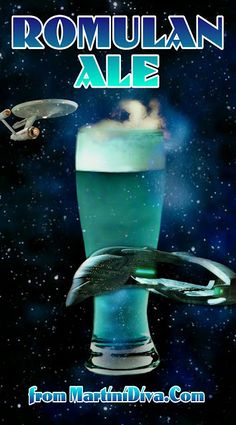 an advertisement for the romulan ale beer, with a spaceship flying over it