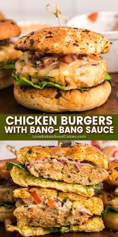 chicken burgers with bang bang sauce are stacked on top of each other and ready to be eaten