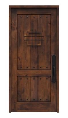 a wooden door with metal handles and two bars on the bottom part of the door