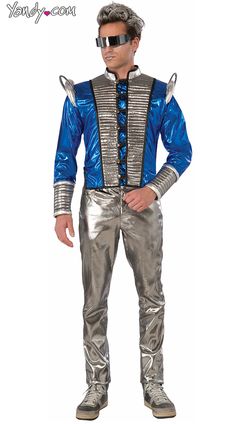 a man dressed in silver and blue is standing with his hands on his hipss