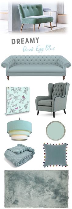 a blue couch, chair and ottoman with the words dreamy on it's side