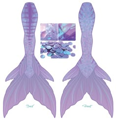 two mermaid tails with blue and purple scales on them, next to a photo of the tail