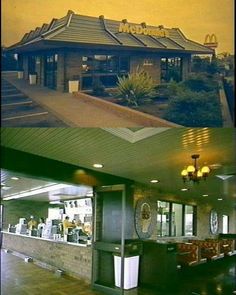 there are two pictures of the inside of a restaurant and outside of a building with stairs leading up to it