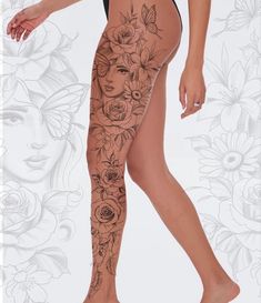 a woman in tights with flowers on her leg and the bottom half of her body