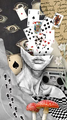 an artistic collage with playing cards, mushrooms and other things in the middle of it