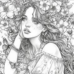 a drawing of a woman with flowers in her hair and butterflies around her neck,