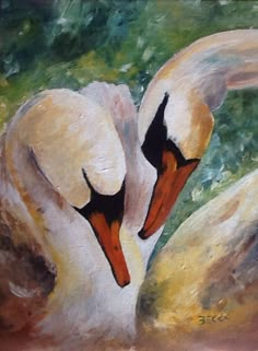 a painting of two white swans touching each other