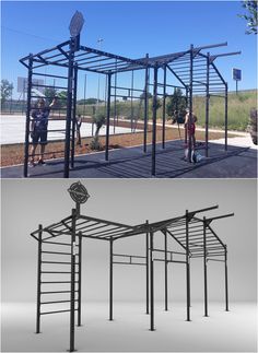 two different views of a metal structure and a man with a skateboard on the ground