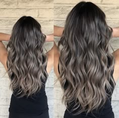 Dark Ash Highlights On Dark Hair, Ash Blonde Hair Ombre, Black Hair Transformation Balayage, Smokey Balayage Brunettes, Ashy Blonde Babylights On Dark Hair, Dark Hair Ash Balayage, Mocha Dipped Hair, Ash Brown On Black Hair, Ash Babylights On Dark Hair