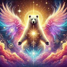 a painting of a bear with wings in the sky and stars around it, surrounded by clouds