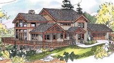 this is an artist's rendering of the front elevation of these mountain house plans