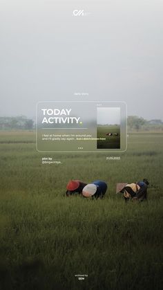 three people are sitting in the middle of a grassy field with an advertisement above them that says today activity