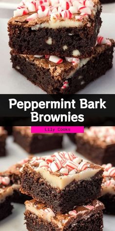 peppermint bark brownies with white frosting and candy canes on top