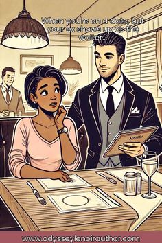 a man and woman sitting at a table in front of a clipboard with the words when you're on date, your exelence isn't sure