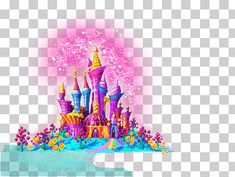 an image of a castle with pink and blue colors