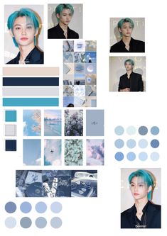 a collage of photos with blue hair and other things in the same color scheme