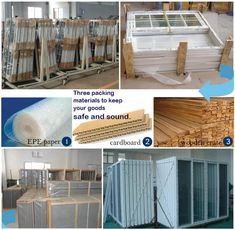 several pictures showing different types of window frames and windows in various stages of being assembled