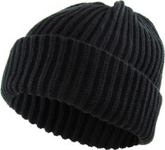 a black knitted beanie hat on a white background