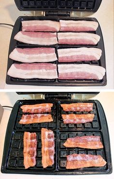 bacon is being cooked on top of an air fryer and in between the two pans