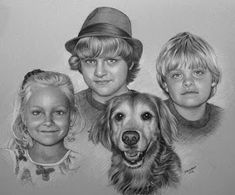 three children and a dog are shown in this drawing