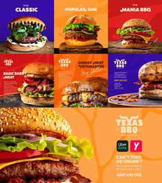 an advertisement for the texas bbq restaurant, with multiple burgers on each side