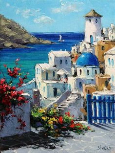 an oil painting of flowers and buildings by the ocean with blue domes on top,