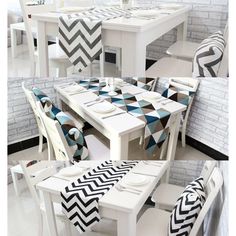 the table and chairs are decorated with black and white chevrons