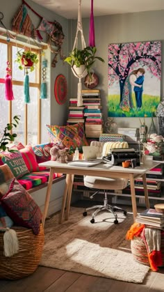 a living room filled with lots of colorful furniture and decorating items on top of a wooden floor