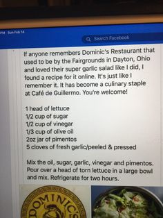 a computer screen showing the recipe for a restaurant called domini's restaurant that uses to be by famous in daytona, oh