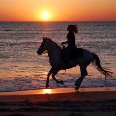 a woman riding a horse on the beach at sunset